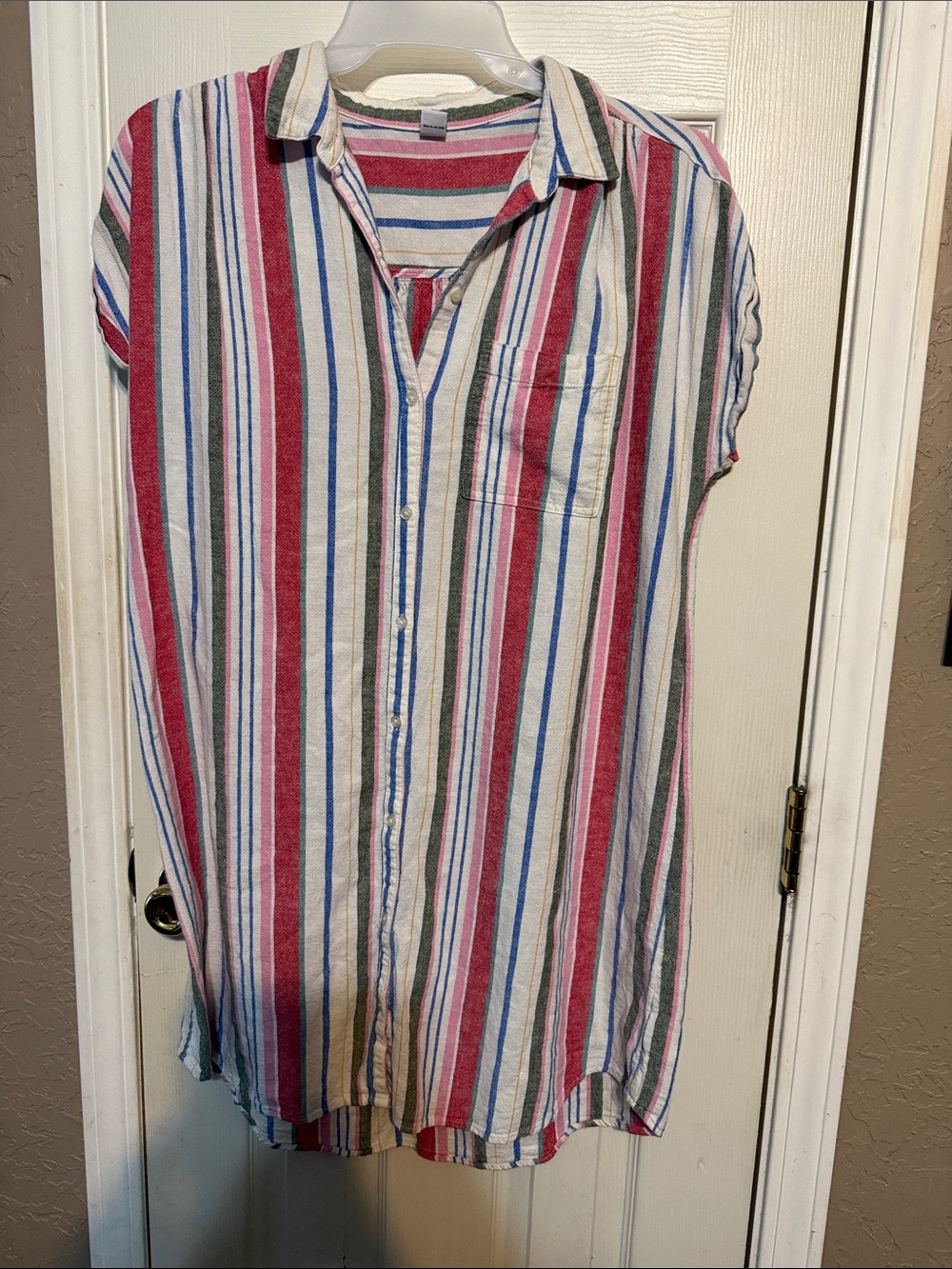 Old Navy Red, Blue, Green and White Striped Button-Down Shirt Dress